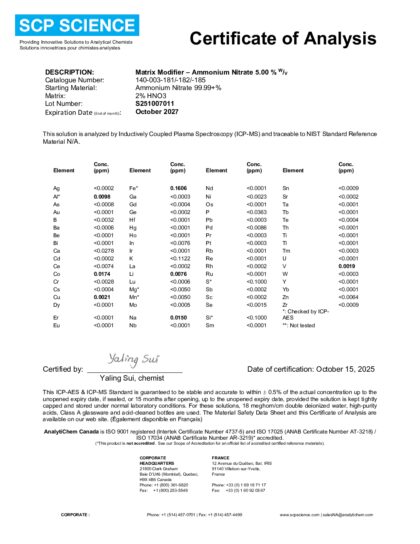 Primeira página: Certificado de análise, lote S251007011