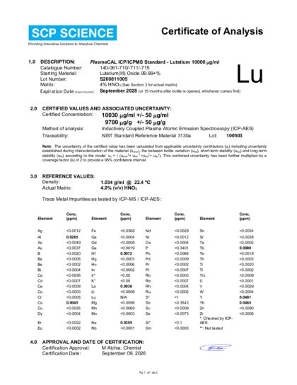 Primeira página: Certificado de análise, lote S260811005