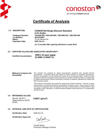 Primeira página: Certificado de análise, lote S251016041