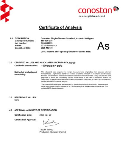 Primeira página: Certificado de análise, lote S260316073