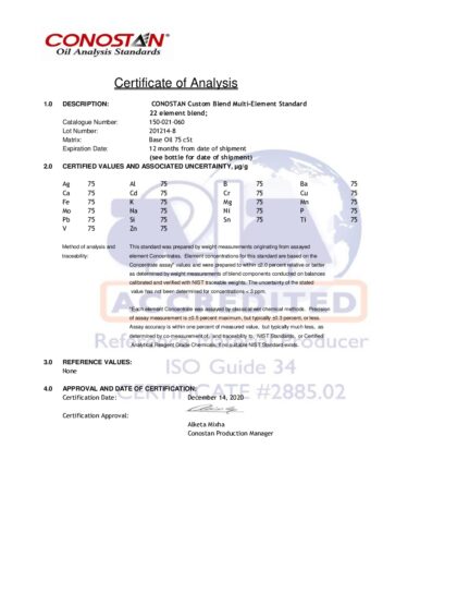 Primeira página: Certificado de análise, lote 201214-8