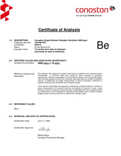 Primeira página: Certificado de análise, lote 504414