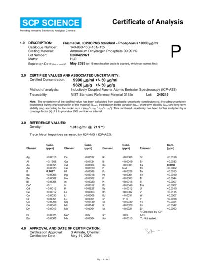 Primeira página: Certificado de análise, lote S260422021