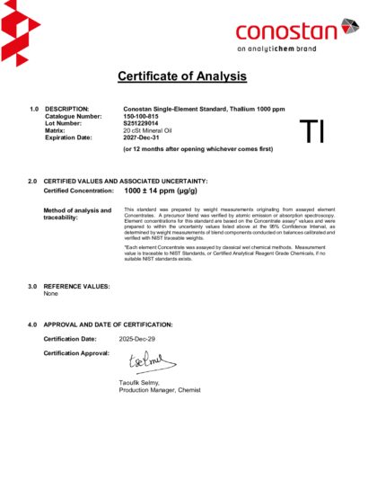Primeira página: Certificado de análise, lote S251229014