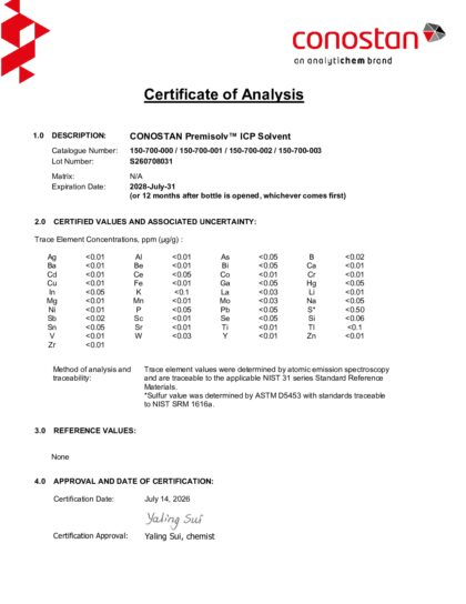 Primeira página: Certificado de análise, lote S260708031