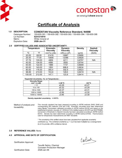 Primeira página: Certificado de análise, lote S251215018