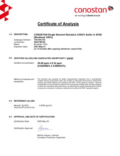 Primeira página: Certificado de análise, lote 003015B100