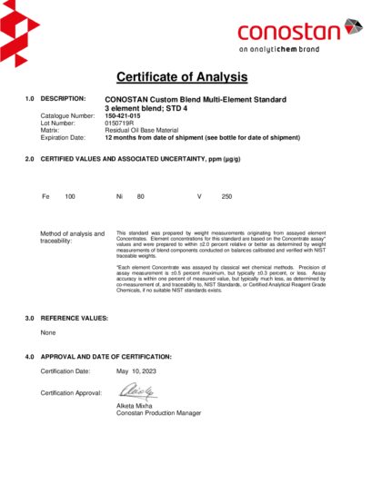 Primeira página: Certificado de análise, lote 0150719R