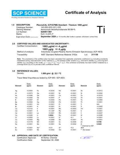 Primeira página: Certificado de análise, lote S260811007