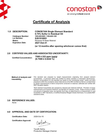 Primeira página: Certificado de análise, lote S251016051