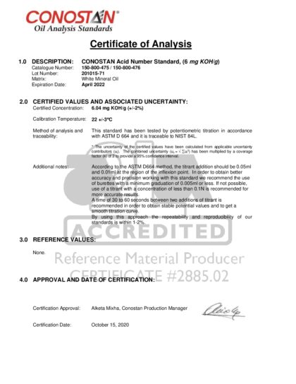 Primeira página: Certificado de análise, lote 201015-71