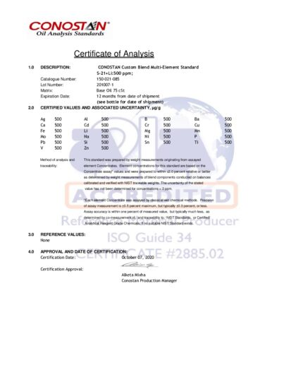 Primeira página: Certificado de análise, lote 201007-1