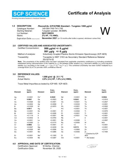 Primeira página: Certificado de análise, lote S251106035