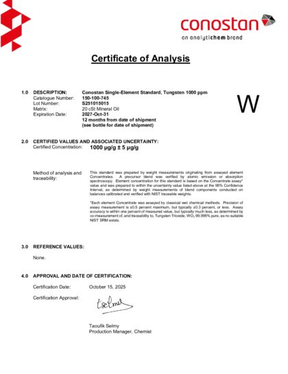 Primeira página: Certificado de análise, lote S251015015