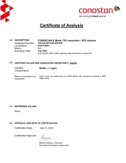 Primeira página: Certificado de análise, lote S250716001
