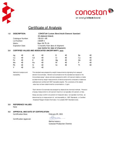 Primeira página: Certificado de análise, lote 230209-3