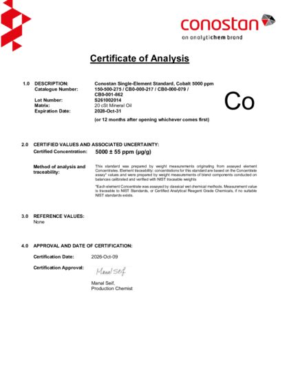 Primeira página: Certificado de análise, lote S261002014