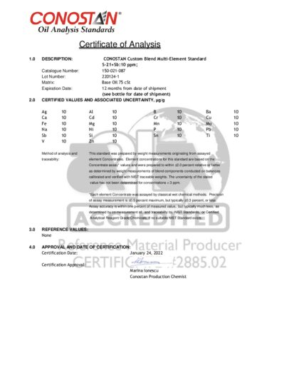 Primeira página: Certificado de análise, lote 220124-1