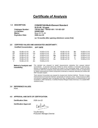 Primeira página: Certificado de análise, lote S260613004
