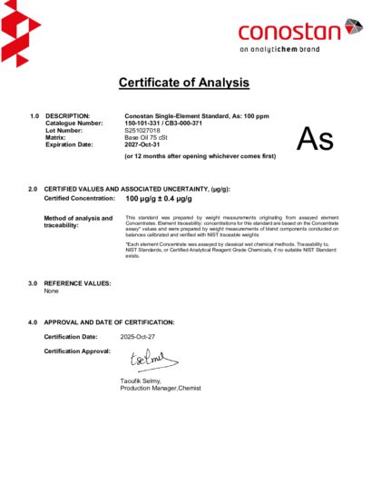 Primeira página: Certificado de análise, lote S251027018