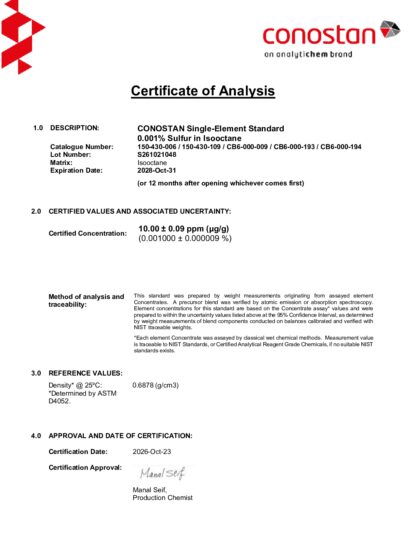 Primeira página: Certificado de análise, lote S261021048