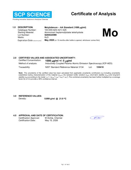 Primeira página: Certificado de análise, lote S260424008