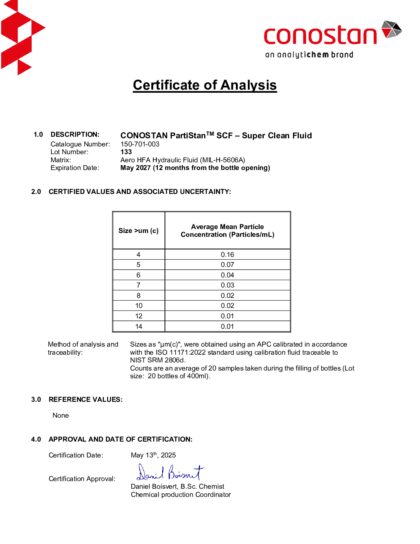 Primeira página: Certificado de análise, lote 133