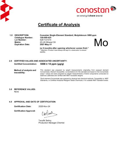 Primeira página: Certificado de análise, lote S251121014