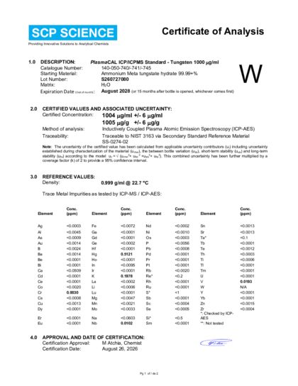 Primeira página: Certificado de análise, lote S260727080