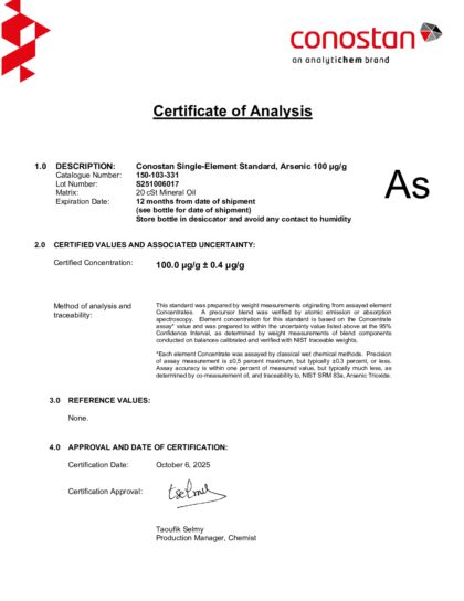 Primeira página: Certificado de análise, lote S251006017