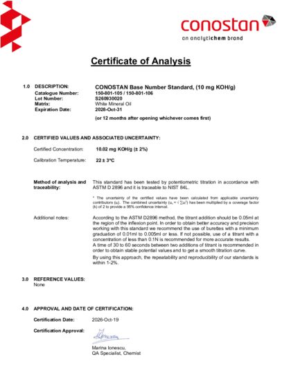 Primeira página: Certificado de análise, lote S260930020