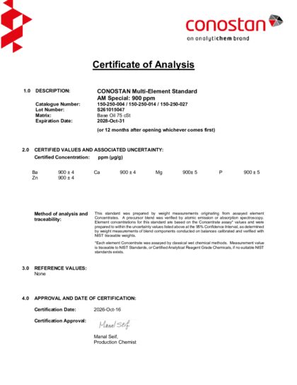 Primeira página: Certificado de análise, lote S261015047