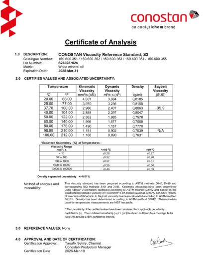 Primeira página: Certificado de análise, lote S260227025