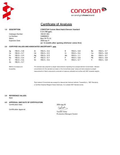 Primeira página: Certificado de análise, lote S260820023
