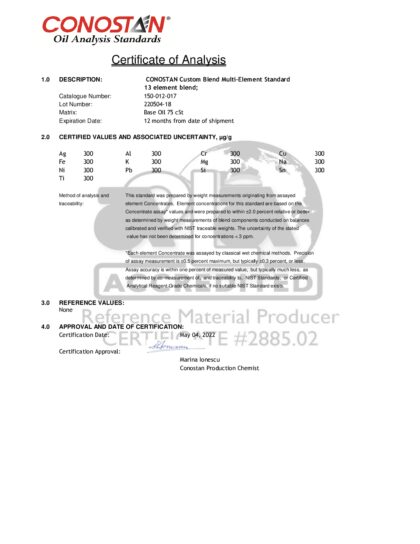 Primeira página: Certificado de análise, lote 220504-18