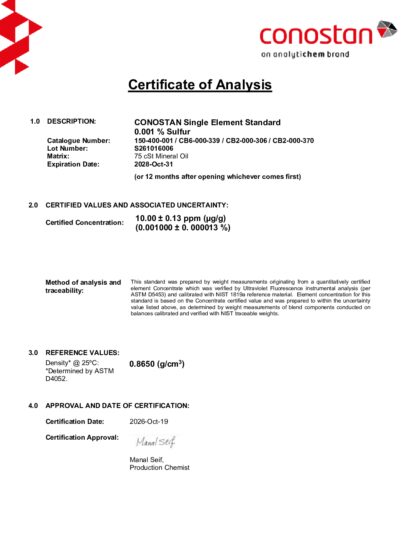Primeira página: Certificado de análise, lote S261016006