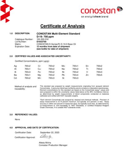 Primeira página: Certificado de análise, lote D1933700