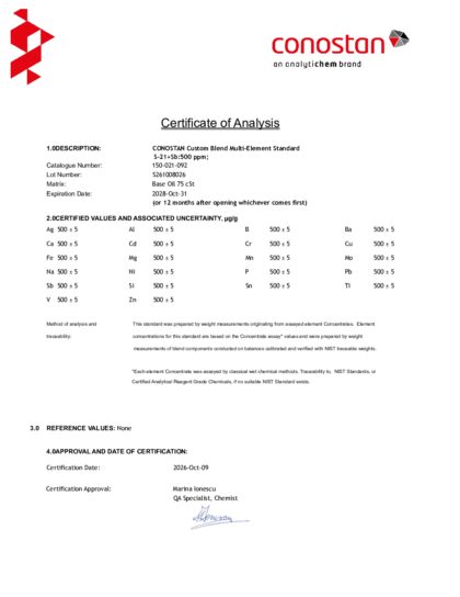 Primeira página: Certificado de análise, lote S261008026