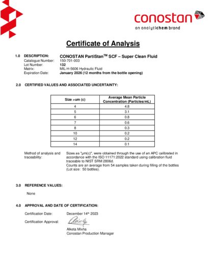 Primeira página: Certificado de análise, lote 132