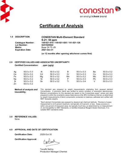 Primeira página: Certificado de análise, lote S251029022