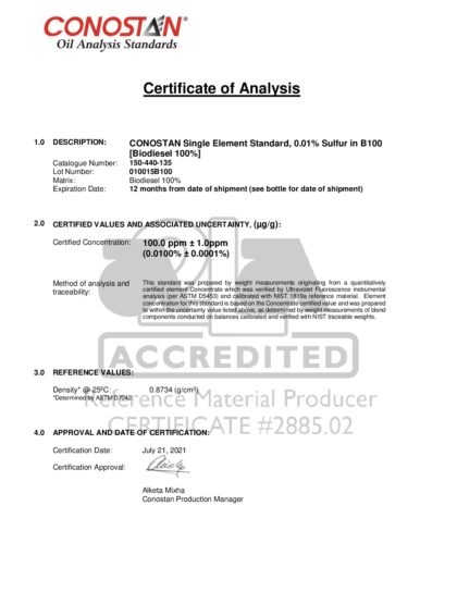 Primeira página: Certificado de análise, lote 010015B100