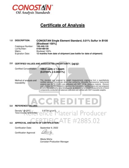 Primeira página: Certificado de análise, lote 010016B100