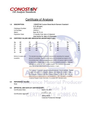 Primeira página: Certificado de análise, lote 210316-1