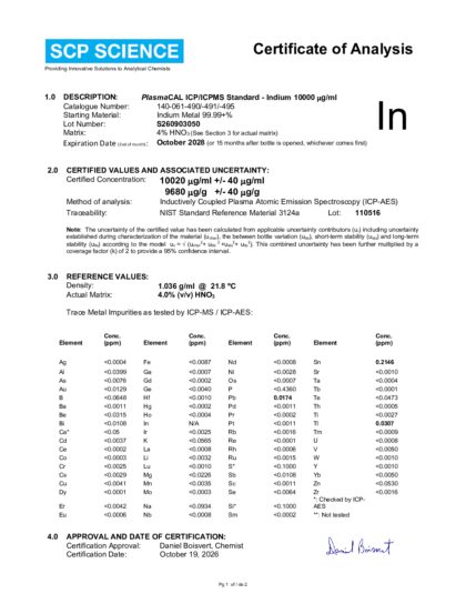 Primeira página: Certificado de análise, lote S260903050