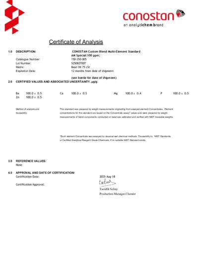 Primeira página: Certificado de análise, lote S250827007
