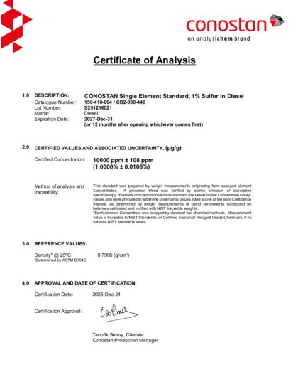 Primeira página: Certificado de análise, lote S251216021