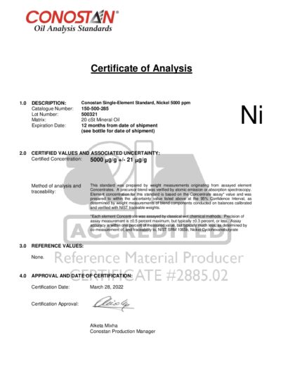 Primeira página: Certificado de análise, lote 500321