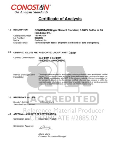 Primeira página: Certificado de análise, lote 00506B5
