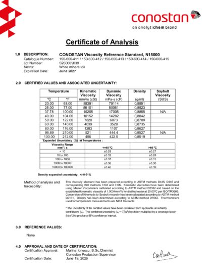 Primeira página: Certificado de análise, lote S260609039