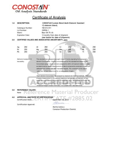 Primeira página: Certificado de análise, lote 220926-1